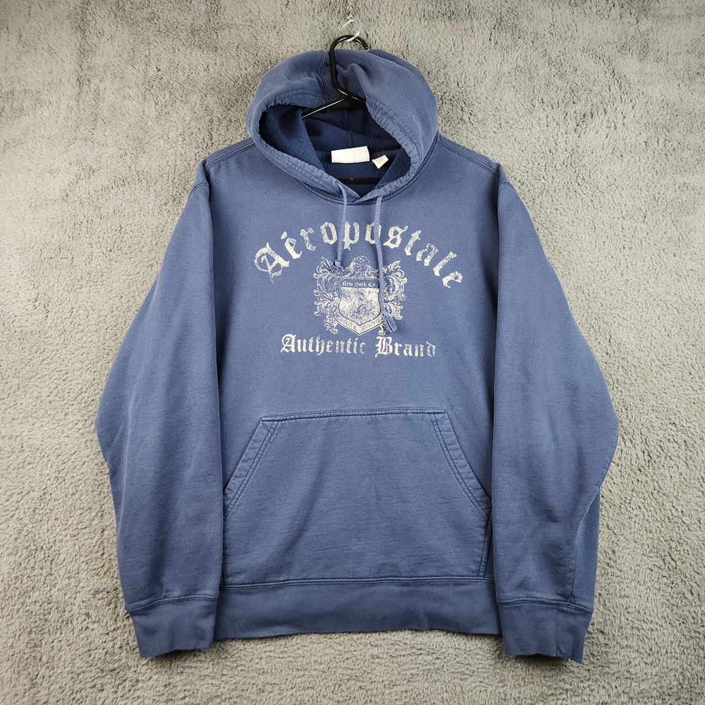 Aeropostale Y2K Hoodie Mens XL Blue‎ Graphic Distressed Logo Skater Sweatshirt